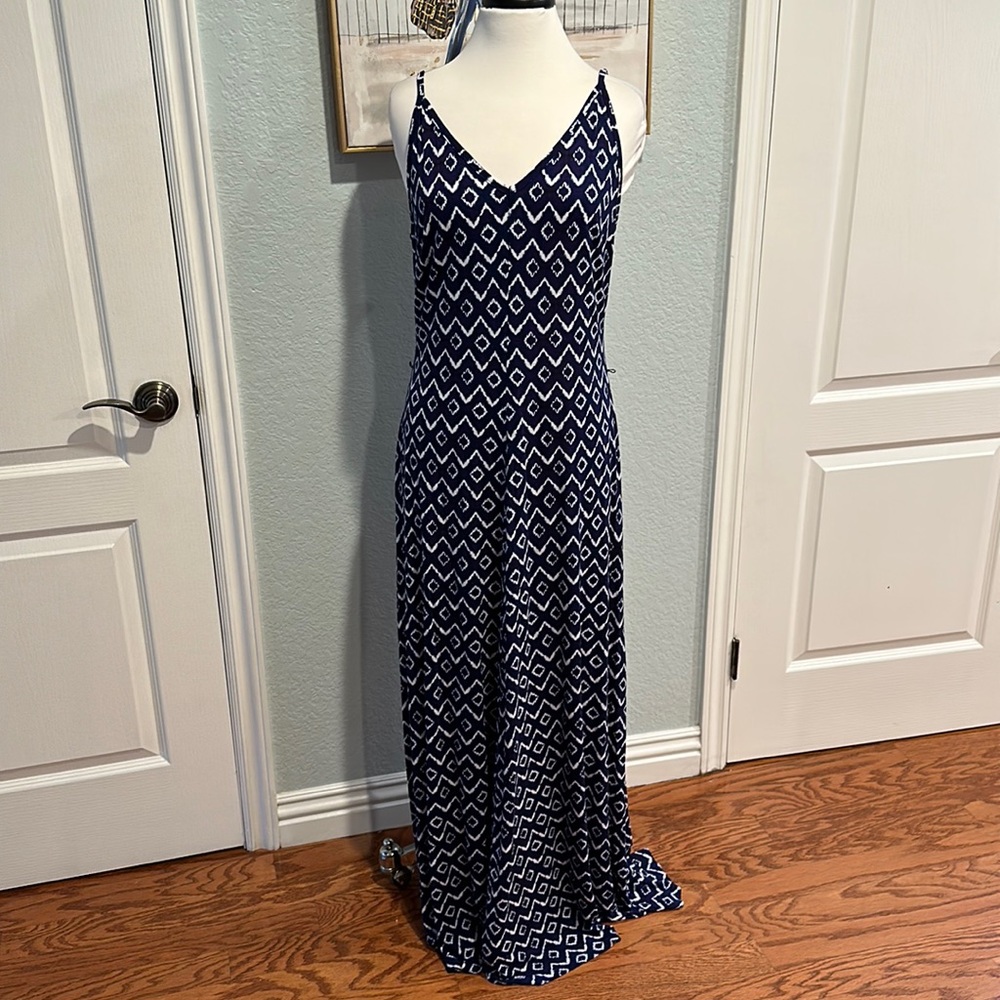 LOFT Navy and White Geometric Maxi Dress